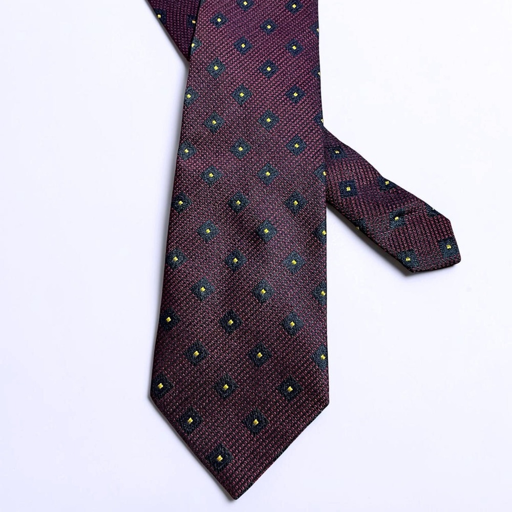 Vitali Italy Silk Tie Burgundy Geometric‎ Square Dot Pattern Red Yellow Black